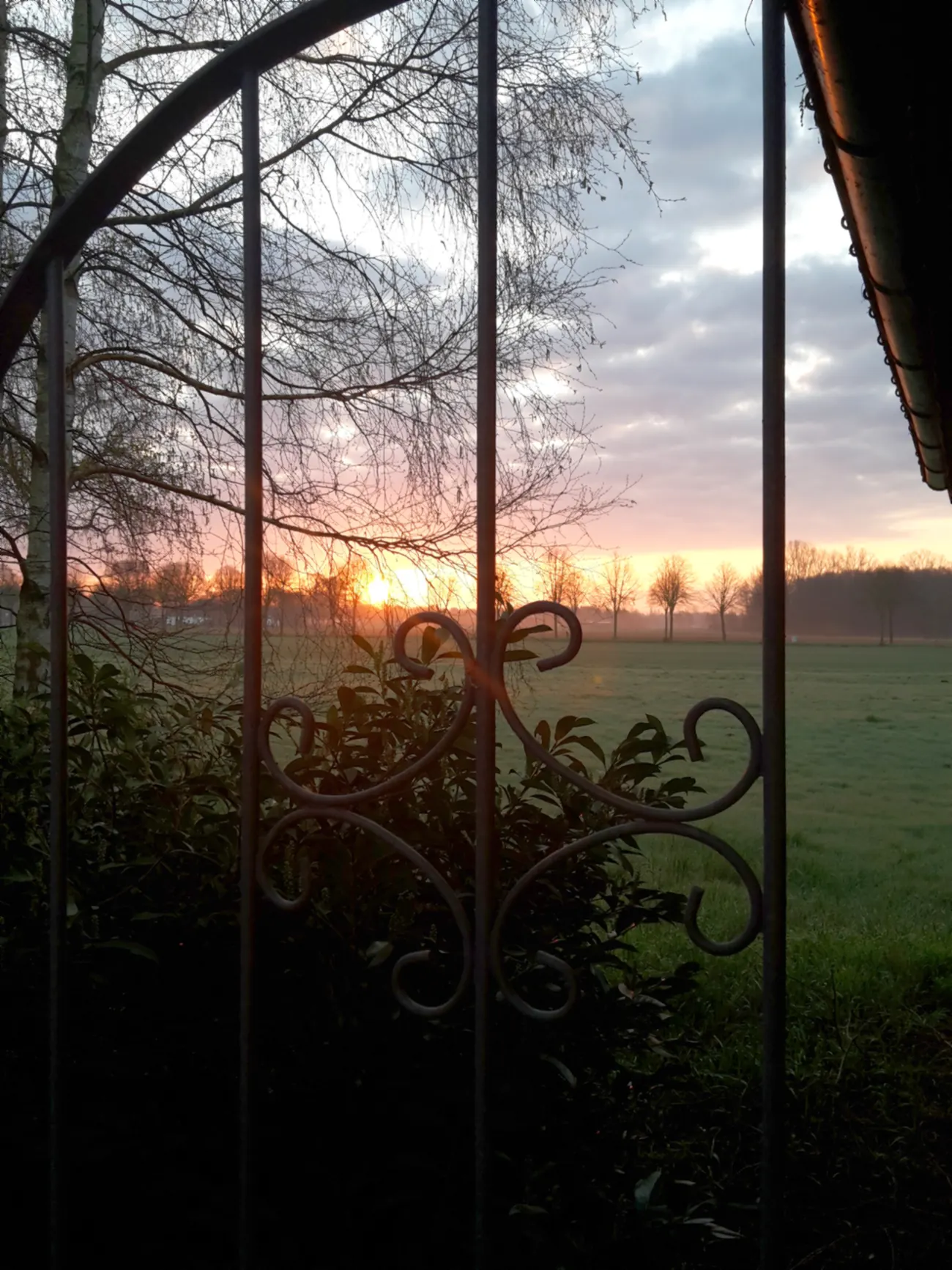 Sonnenaufgang hinter einem alten Gartentor
